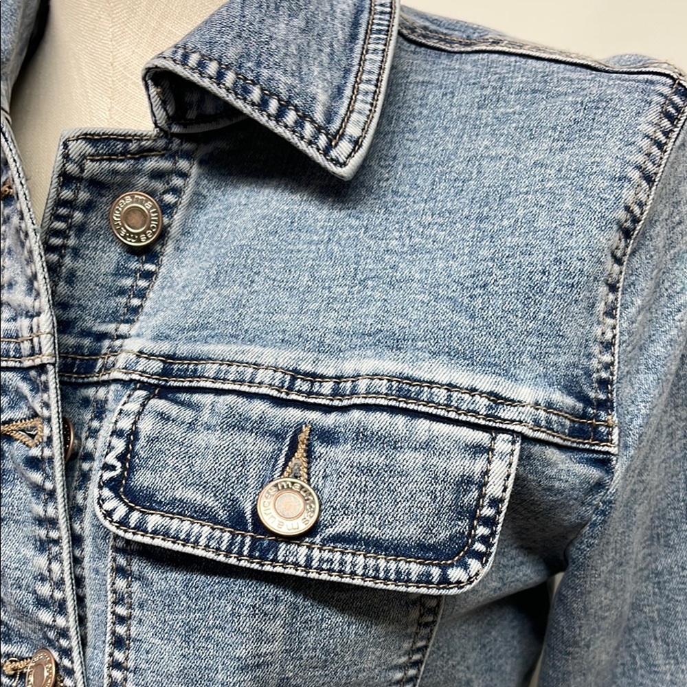 Blue Jean Jacket with Belted Waist and Hip Length - Picture 3 of 5